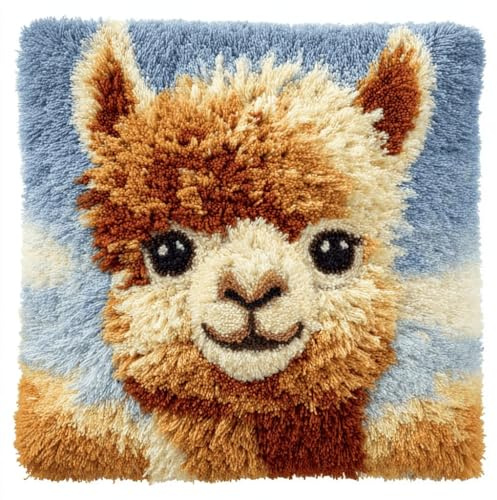 WallustrioaW Knüpfhaken Kissen Kits Für Kinder Oder Anfänger Erwachsene Alpaka Diy Knüpfteppich Zum Selber Knüpfen-Sets Kissenbezug Teppich Stickerei Set,Häkelleinwand Vorgedrucktes Muster,43X43Cm