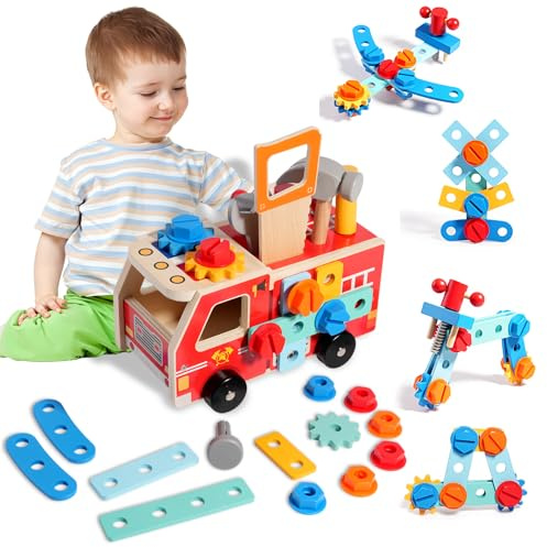TEGOVE Caja Herramientas Juguetes Niños,Camión de Bomberos de Madera,Caja Herramientas de Madera,Juguete Montessori a Partir,Juegos Educativos Cajas,Regalos Niños Niñas 2 3 4 5 Años