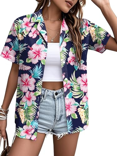 VVNTY Chemise hawaïenne à manches courtes pour femme - Motif floral - Pour l'été, la plage, les fêtes
