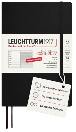 LEUCHTTURM1917 Agenda semanal 2027 A5 con cuaderno, a rayas, agenda alemana, 18 meses de julio de 2026 a diciembre de 2027, negro, tapa blanda, 210 x 145 mm, vista semanal izquierda + página de notas