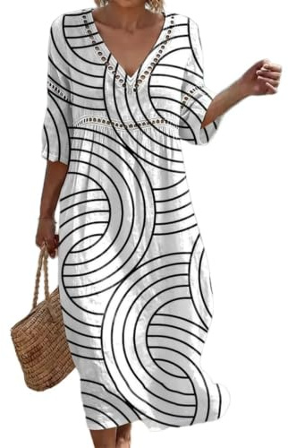 Summer Dresses for Women UK Bohemian 3/4 Sleeve Print Dresses Casual Loose Fit Boho Dress Breathable Comfortable Friendly Elegant Style Holiday Beach Travel Everyday Wear
