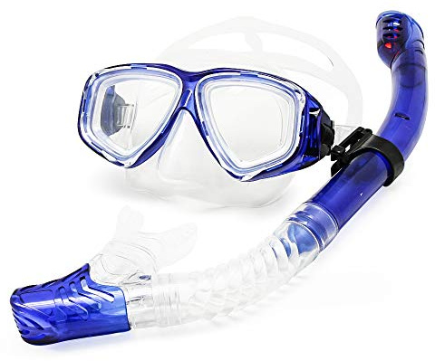 EnzoDate óptico Buceo Engranaje miopía Kit Snorkel Set, Fuerza Diferente para Cada Ojo, máscara de Buceo Superior seco miope (Azul, Dióptero -2.0)