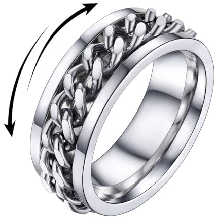 U7 Stainless Steel Mens Rings, Men Fidget Spinner Ring Anxiety Rings for Men Women, Classic Silver Chain Ring Size 10