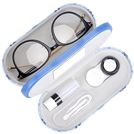 Muf 2 in 1 Contact Lens Case and Glasses Case,Double Sided Dual Use Design,Leak Proof & Portable,Tweezer and Contact Lens Solution Bottle Included for Travel Kit(Blue Plaid)