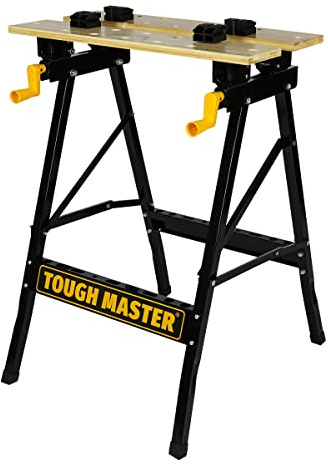 TOUGH MASTER Foldable Workbench Tool Stand, DIY Portable 100kg Work Clamping Table, Heavy Duty Steel Frame, Bamboo Worktop, Wood Working Desk with 4 Swivel Pegs For Builders One Size Black & Yellow