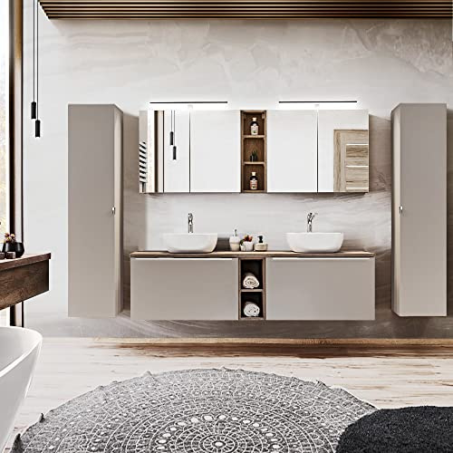 Lomadox Badmöbel Komplett Set, Taupe mit Vintage Eiche, 180cm Doppel-Waschtischunterschrank mit 2 Waschbecken, 2 LED-Spiegelschränke, Regale, 2 Hochschränke