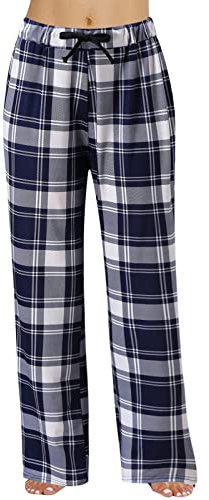 Schlafanzughose Damen Kariert - Schlafanzug Hose Damen Lang- Karierte Pyjamahose Damen Haushose mit Gummizug Lässig Locker Weites Bein Straight Leg Freizeithose Baumwolle Lange Hosen für Frauen