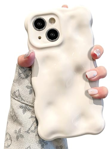 UEEBAI Ripple Case for iPhone 13, Cute Silver Cover Wave Shape for iPhone Case Pretty Aesthetic 3D Phone Cover, Water Ripple Shell 3D Chrome Design for Women and Girl, White