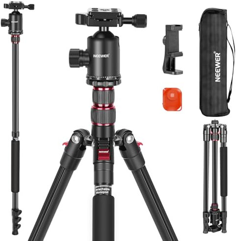 NEEWER 195,6cm Kamera Stativ Einbeinstativ mit Handyhalter, tragbares Reisestativ mit Fernbedienung 360° Kugelkopf 2 Achsen Mittelsäule, Arca QR Platte, Tasche, Aluminium DSLR Tripod, Max 15,4kg, TP77
