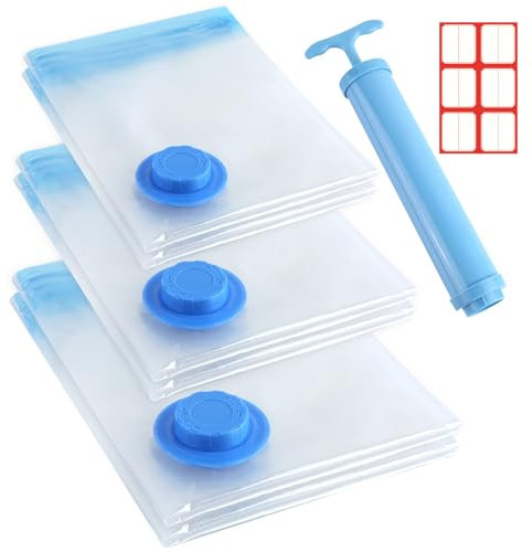 6 Stück Vakuumbeutel für Kleidung Bettdecken, 3 Größen Vakum Tüten Kleidung, Vacuum Bags for Clothing mit Handpumpe, Etikettenaufkleber, Wiederverwendbar Kompressionsbeutel Reise für Kissen