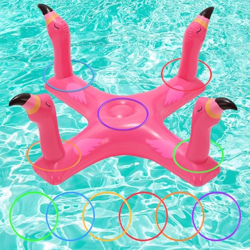 Jeux Piscine Gonflable, Flamant Jouet Piscine Set, Jouet à Lancer Flottant pour L'été Extérieur, Flamant Rose Jouets de Fête à la Piscine pour Enfants, Adultes, Famille