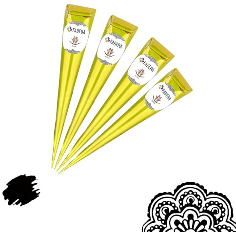 4 coni di hennè FADEDA | 4 x 25 g pasta naturale | nero | 100% vegetale | pronto all'uso e senza PPD | Vegano | Biologico | Halal | Mehandi | Mehndi
