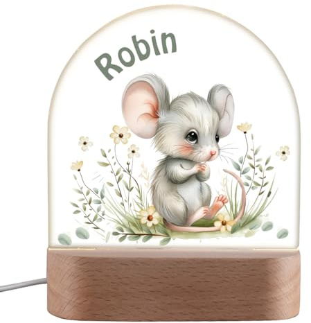 polar-effekt Kinder LED-Nachtlicht mit Maus-Motiv personalisiert als Geschenk - geeignet zur Taufe, Geburt & Geburtstag - Nachtlampe mit Name - aus Acryl & Holz