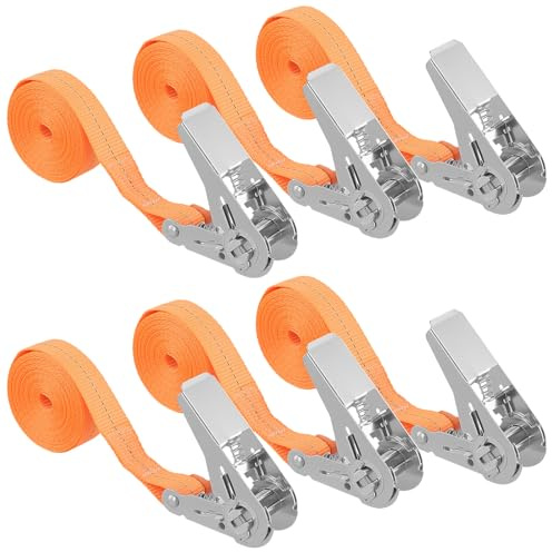 HEIYUET Set di 6 cinghie di tensione da 4 m con cricchetto, larghezza 25 mm, colore arancione, cinghie di tensione, cinghie a cricchetto per moto, rimorchi, sicurezza del carico