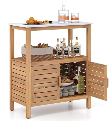 Goplus Patio Wood Storage Cabinet, Outdoor Acacia Wood Buffet Cabinet with Marble-Like Countertop, Open Shelf & 2 Doors, Sideboard Organizer for Outdoor Kitchen, Backyard, Garden