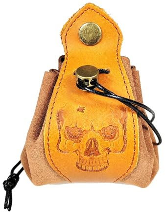 Rollooo Handmade Leather Dice Bag with Skull Design, RPG Dice Pouch & Tray for DND, MTG, Coins, Jewelry – Vintage Brown Suede with Brass Snap