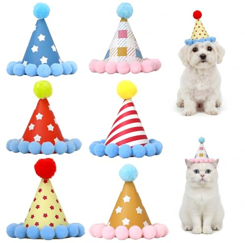TUBAWD 6 Pcs Mini Party Hats For Animals, Party Hats, For Animals 6-Pk Soft Felt Hats Basket Birthday Photo Prop Reusable