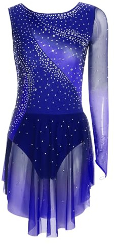 CHICTRY Body da Pattinaggio Artistico per Donna con Paillettes Body Danza Ginnastica con Gonnellino Monospalla Leotards da Balletto Abito da Ballo Latino Jazz Blu M