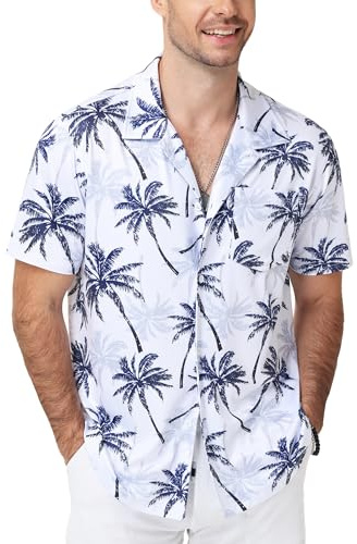 Runhit Men’s Hawaiian Shirts Short Sleeve, Lightweight Summer Shirts with Tropical Floral Palms Print, Breathable Quick Dry Holiday Shirt for Outdoor Beach Travel Casual Wear