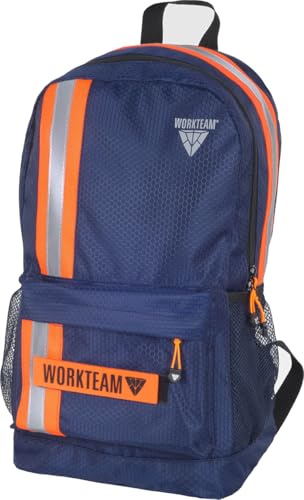 WORKTEAM Mochila de Trabajo, Multibolsillos 17L con Cintas Reflectantes de Alta Visibilidad, Cierre de Contacto Frontal Para Parches Identificativos Marino Naranja Flúor