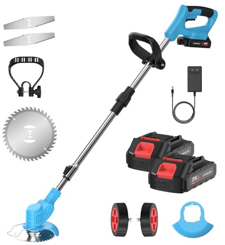 Tagliabordi da 21 V con batteria, 3 in 1 con caricatore, tagliabordi per prato, tagliabordi senza filo da taglio, 7800 giri/min, manico telescopico come tagliabordi (2 batterie)
