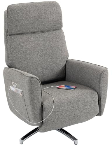 HOMCOM Fauteuil Relax Électrique Pivotant 360° Appui-Tête Réglable Gris | Ports USB, Fauteuil Inclinable en Lin, 2 Moteurs, Repose-Pieds, Poches Latérales, Ressorts Ensachés, Chambre, Salon