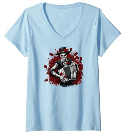 Femme Accordéoniste Accordéon-Musicien Squelette-Musique Accordéon T-Shirt avec Col en V