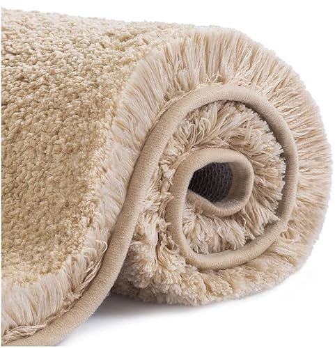 VANZAVANZU Badematte rutschfest Badteppich Verdickt Badezimmerteppich Weich Badeteppich Flauschige Mikrofaser Badvorleger, Supersaugfähig, Maschinenwaschbar, Schnell Trocknend - 60 x 90cm (Beige)