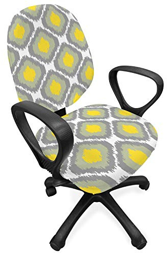 Ambesonne Ikat Office Chair Slipcover, Repeating Ikat Shapes Tied into Bundles Old Form of Textile Historical Tribal, Decorative Stretch and Washable Fabric Cover, Standard Size, Grey White Yellow