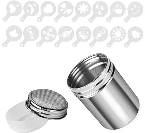 Chocolate Shaker Stainless Steel Duster Dredges Cans Coffee Sprinkles Powder Set Cocoa Cinnamon Powder Can with 16 Coffee Molds Stencils for Kitchen Baking Cooking Cappuccino Coffee Latte Coffee