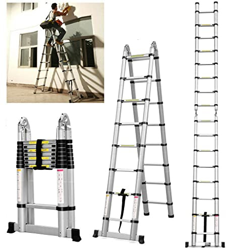 Folding Telescopic Ladder 8.2ft+8.2ft Multipurpose Folding Stainless Steel Extension Ladder w/Stabilizer, Extendable Ladder Portable Loft Ladder Foldable Ladder EN131, Max Capacity 330LB