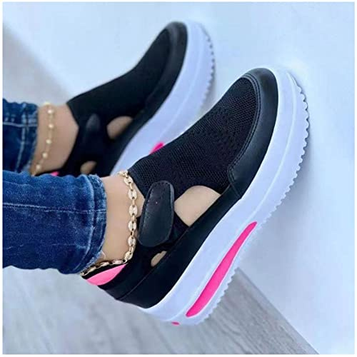 Basket chic femme 2022, chaussure de marche orthopédique femme Cales Respirantes Réglables Slip-on Marche Sneaker Fitness Chaussures Décontractées Mocassins À Bout Rond Rétro(Size:EU 43,Color:Le noir)