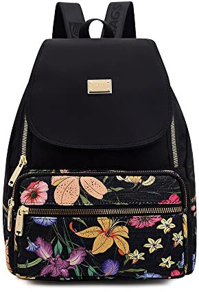 YANAIER Damen Rucksack Wasserdichte Nylon Schultaschen Leichtgewicht Reiserucksack Rucksackhandtasche Daypack für Alltag Büro Schule Shopper Schwarze Blume
