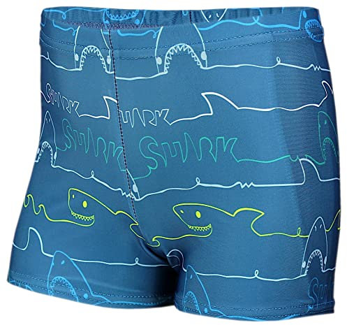 Aquarti Badehose mit Motiv – Schwimmhose Jungen Enganliegend, Badehosen für Jungen Schnell Trocknend, Farbe: Haie/Jeans, Größe: 122