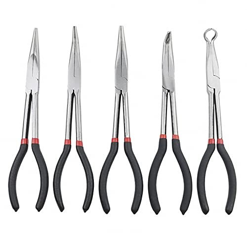 QISF 5 Pcs Long Reach Pliers Set | 11 inch Nose Pliers | 25° 45° 90° Curved Straight Needle Nose Pliers | for Home Craft Jewelry Making Car Repairing