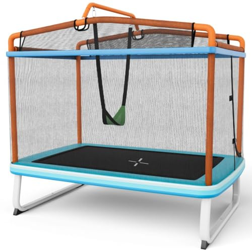 SPOTRAVEL 6 FT Kids Trampoline, 3-in-1 Toddler Trampoline with Safety Enclosure Net, L-shaped Zipper, Swing & Horizontal Bar, Indoor Outdoor Rectangle Trampoline for Boys & Girls (Blue + Orange)