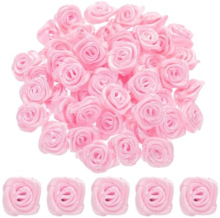 QUARKZMAN 100pz 1,5cm Mini Rose di Nastro in Raso Fiori Artificiali Stoffa Nastro Raso per Accessori Fai Da Te Cucito Confezione Regalo Decorazione Matrimonio, Rosa