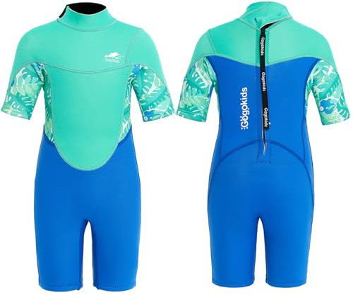 Gogokids Shorty Neoprenanzug Kinder, 2,5mm Neoprenanzüge Rückenreißverschluss Kleinkinder Kurze Nassanzüge Komfort & Wärme, UV Neopren für Schwimmen, Schnorcheln und Surfen, Alter 3-4 Jung, Grün
