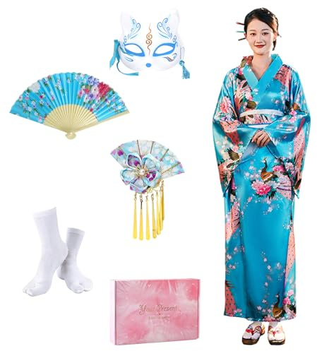 CRFASIBE 5 Piezas Kimono Mujer Bata, Tradicional Japonés Yukata Geisha Albornoz, Kimono Largo con Estampado de Pavo Real para Fotografía Cosplay (Azul)