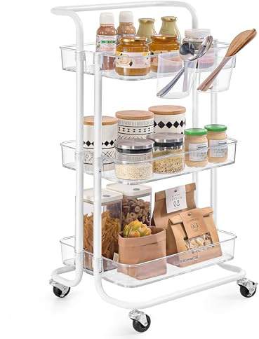 SONGMICS Carro Rodante, Caritro de Almacenamiento de 3 Niveles, con Mango, 2 Organizadores Pequeños, Marco de Acero, Cestas de Plástico, para Dormitorio, Lavadero Baño, Blanco y Transparente BSC067W03