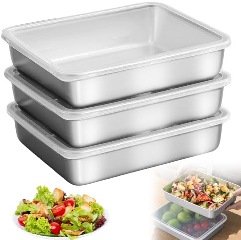 WANDGU Contenitori per Alimenti in Acciaio Inox con Coperchio: 3 Pezzi 25×20×5cm Salvafreschezza Contenitori per Alimenti, Pranzo in Acciaio Inox con Coperchio Lavabile per Lavastoviglie, Cibo