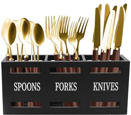 Les-Theresa Portaposate 3 Scomparti in Legno con Foro di Scarico Inferiore, Organizer per Utensili per Posate, Forchetta, Cucchiaio