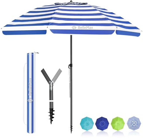 BelleMax Sonnenschirm Strand Windfest Stabil mit Bodenhülse & Schutzhülle 30° knickbar Sonnenschirm klein Rund Strandschirm Gartenschirm Marktschirm Sonnenschutz UV50+ Blaue weiße 180cm