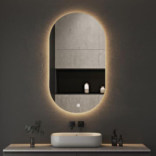 Boromal Oval Badspiegel mit Beleuchtung 90x50cm LED Badezimmerspiegel Oval mit Beleuchtung, 3000K-6500K, Dimmbar, IP44 Bad Spiegel mit Licht, Horizontal or Vertikal