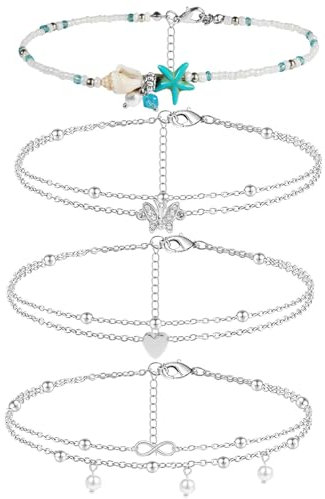 QMLING 4 Stück Silber Fußkettchen für Damen Mädchen, Verstellbare Schmetterling Herz Seestern Fussketten für Schmuck Frauen, Mehrschichtige Fußkette für Sommer Strand
