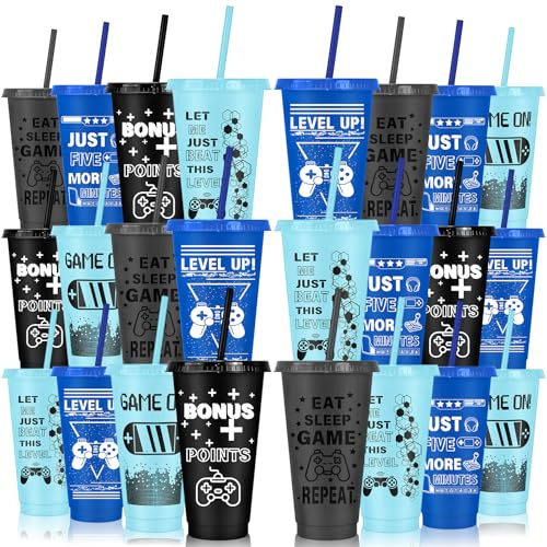 MSYU 24 Pcs Video Game Plastic Cups with Lids and Straws 710 ml Reusable Tumbler Cute Iced Coffee Travel Cups Mug Water Bottle for Gaming Birthday Supplies Adult Kid - Blue, Grey, Black