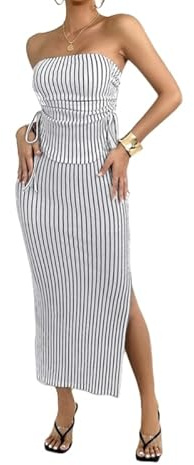 LCDIUDIU Conjunto De Dos Piezas para Mujer, Falda Y Top De Verano, Camisola Gris Top a tubo, Abertura En La Espalda, Falda Plisada De Corte A, Conjuntos De Conjunto Sexys Ajustados para Fies