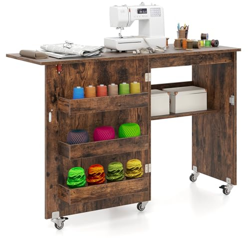 COSTWAY Tavolo da Cucito Pieghevole, Mobile per Macchina da Cucire con Ripiano Portaoggetti, 3 Scomparti Nascosti e Ruote Bloccabili, Mobile Multiuso per Piccoli Spazi (Marrone, 118,5 x 40 x 79,5 cm)