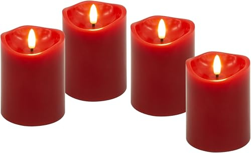 goobay Lighted Candles with Timer Function Set of 4 in red with 3D Wick & Battery Operated, Elegant for The Living Room, Dining Room and Advent - 77749