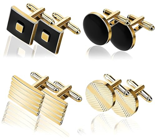 4 Pair Gold Cufflinks For Men Set, Cuff Links Mens Personalised Cufflinks For Men, Round And Square Mens Cuff Links Set Classic Elegant Black Tone Cufflink For Business Graduation Formal Occasion